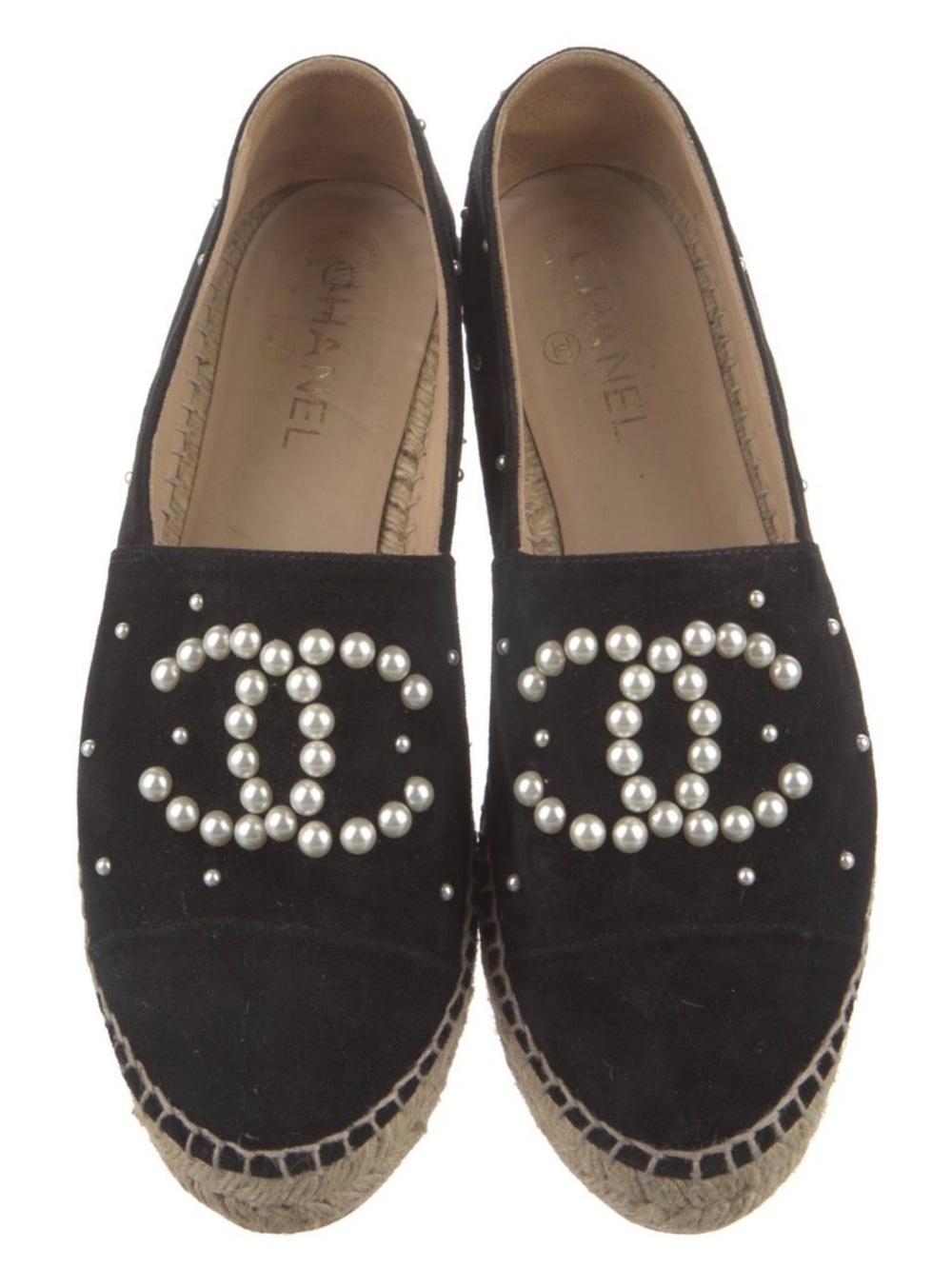 💕CHANEL 2017 Interlocking CC Logo Black Suede Pearl-Embellished Espadrille
